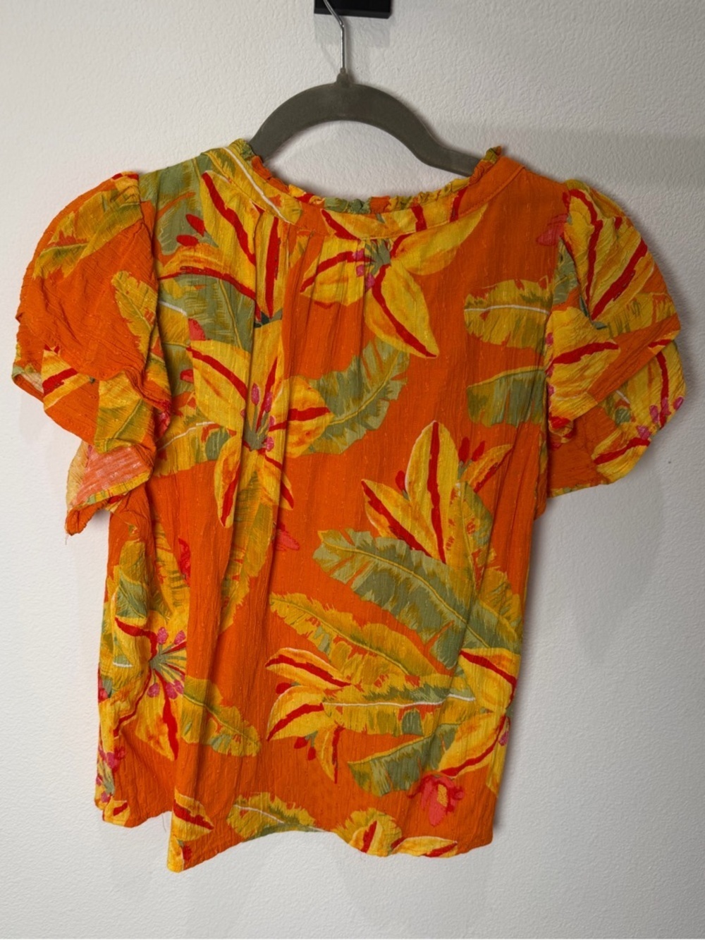 Haute Hippie Style Tropical Floral Flutter Sleeve Blouse XL Orange Boho Coastal - Picture 3 of 14